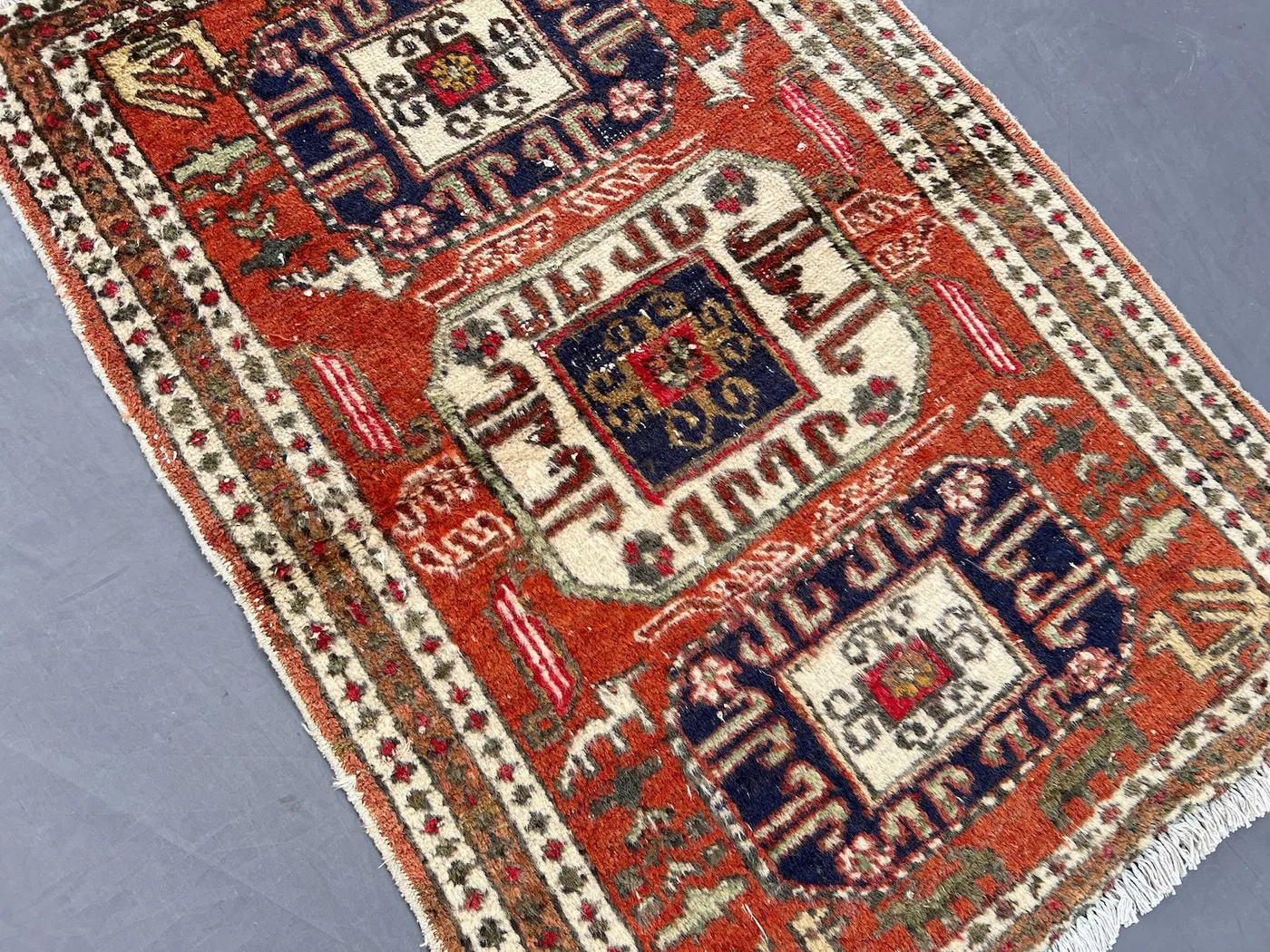 2'3 x 3'3 ft Vintage Caucasian Kazak Rug, Handmade Wool Carpet, Rare Low Pile Tribal Geometric Design, Collectible Small Rug, Kids Room Rug