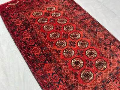 4x6 Vintage Afghan Turkmen Tekke Ersari Rug, Hand-Knotted Wool Carpet, Red Black Tribal Geometric Design, Rare