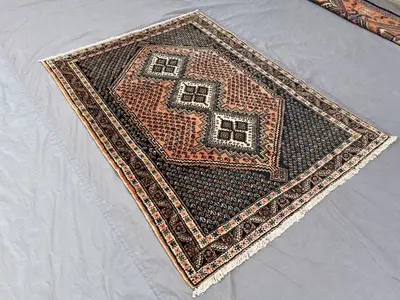 4'2 x 5'8 Vintage Turkish Inspired Caucasian Rug, Hand-Knotted Wool Medallion Carpet, Rare Peach Navy Tribal R