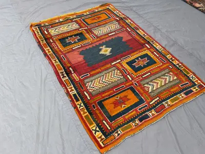 4'1 x 5'8 ft Vintage Afghan Hand-Knotted Gabbeh Kilim Rug, Mixed Flat Weave Soft Wool Carpet, Multicolor Triba