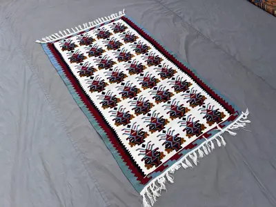 3 x 4'7 ft Caucasian Flat Weave Kilim Rug, Vintage Handwoven Wool Carpet, White Red Blue Tribal Geometric Patt
