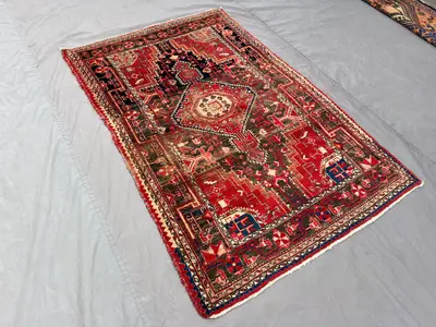 3'9 x 5'8 ft Antique Low Pile Caucasian Medallion Rug, Vintage Hand-Knotted Distressed Wool Carpet, Red Black 
