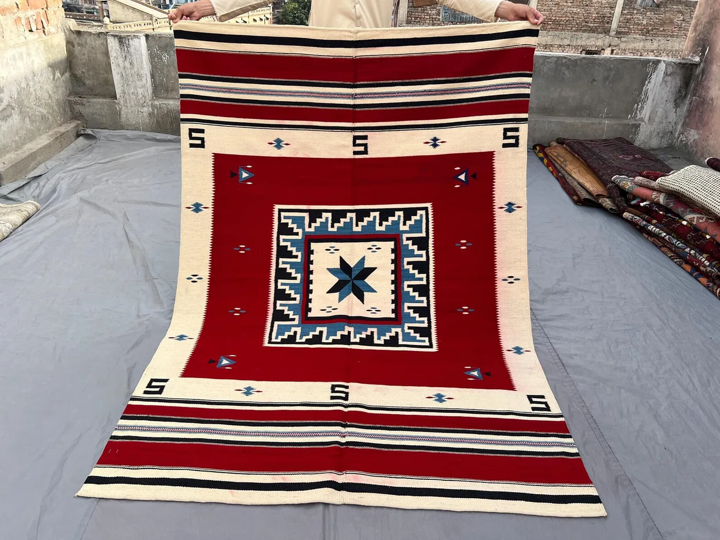 4'7 x 6'8 ft Vintage Moroccan Flat Weave Kilim Rug, Handwoven Geometric Red Blue Ivory Carpet, Tribal Boho Wool Area Rug Decor, Bedroom Rug