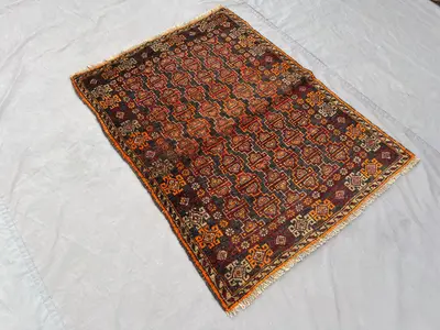 3x4 ft Afghan Hand Knotted Baluchi Rug, Rare Tribal Wool Carpet, Geometric Vintage Pattern in Brown Red Orange