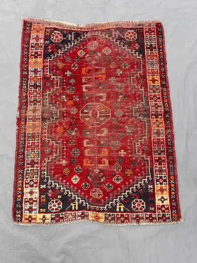 3x3 Antique 1900s Caucasian Medallion Rug, Rare Low Pile Distressed Red Faded Wool Carpet, Collectible Vintage