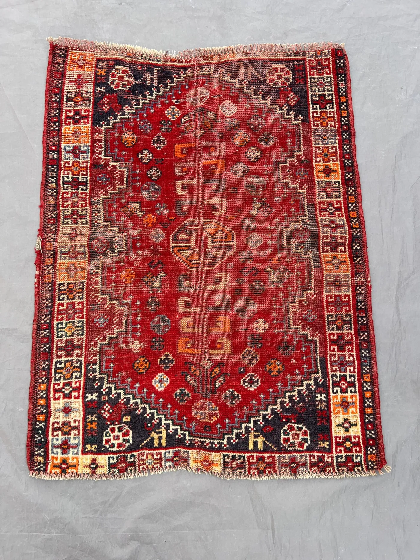 3x3 Antique 1900s Caucasian Medallion Rug, Rare Low Pile Distressed Red Faded Wool Carpet, Collectible Vintage Accent Rug, Bedroom Rug