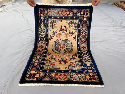 2 x 2'10 ft Vintage Soft Wool Caucasian Accent Rug, Navy Blue and Cream Geometric Design, Small Hand-Knotted W