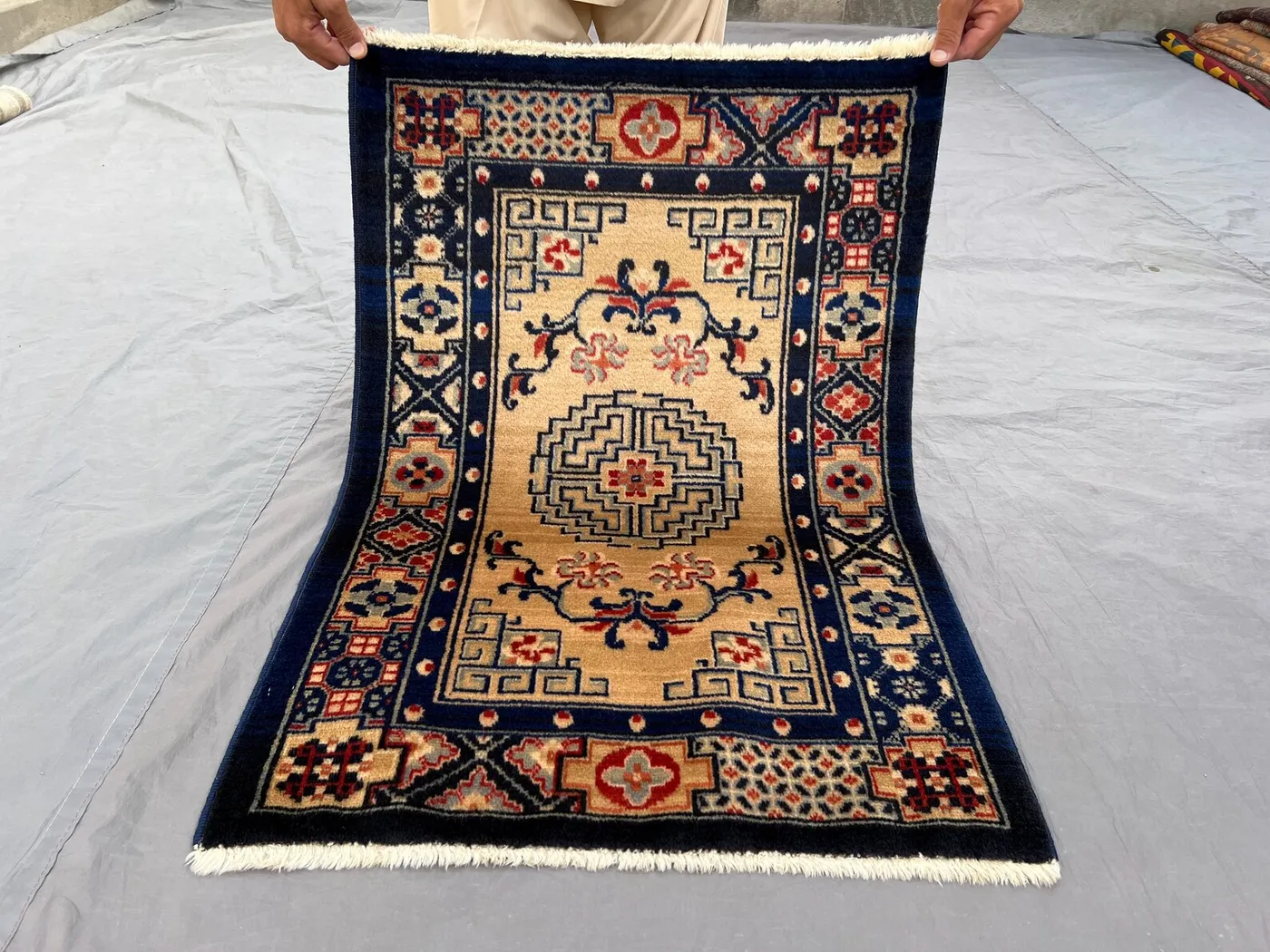 2 x 2'10 ft Vintage Soft Wool Caucasian Accent Rug, Navy Blue and Cream Geometric Design, Small Hand-Knotted Wool Area Carpet, Bedroom Rug.