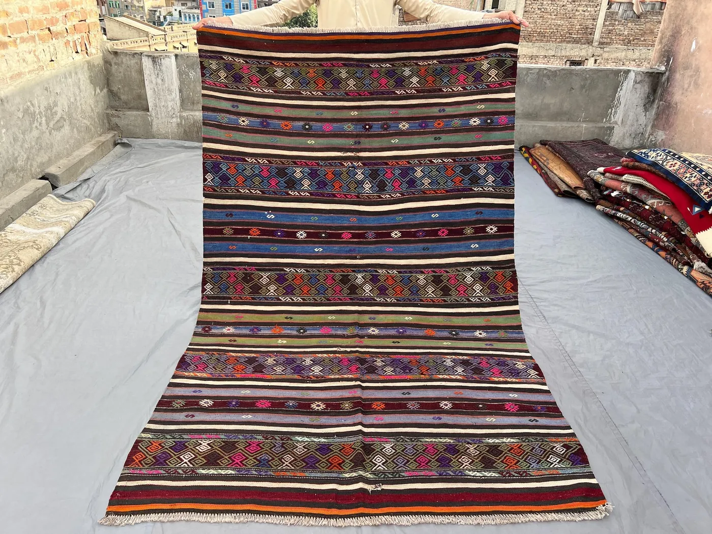4'7 x 7'6 ft Vintage Afghan Handmade Maldari Kilim Rug, Colorful Geometric Flat Weave Wool Carpet, Boho Tribal Area Rug, Living Room Decor