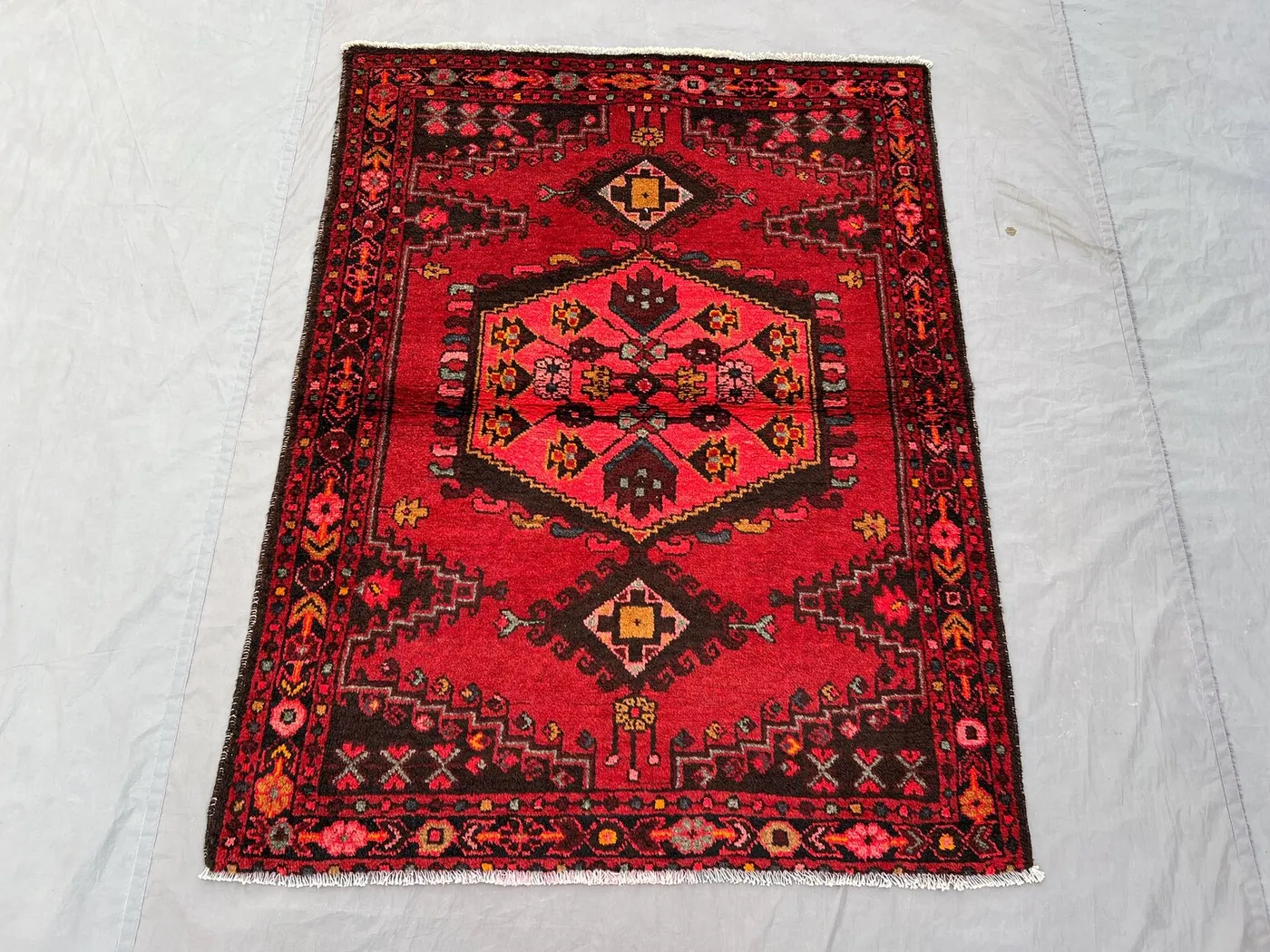 Vintage Turkish Rug 4x5, Hand Knotted Red Brown Wool Area Rug, Geometric Medallion Tribal Carpet, Boho Anatolian Living Room Bedroom Rug
