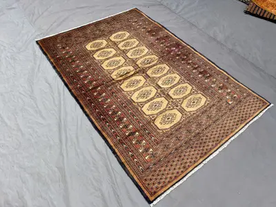 Vintage Pakistani Bukhara Rug 4x6, Hand Knotted Beige Red Wool Area Rug, Geometric Tribal Carpet, Boho Orienta