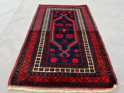Vintage Turkish Accent Rug 2x3, Hand Knotted Navy Red Wool Rug, Small Geometric Tribal Mat, Boho Entryway Kitc