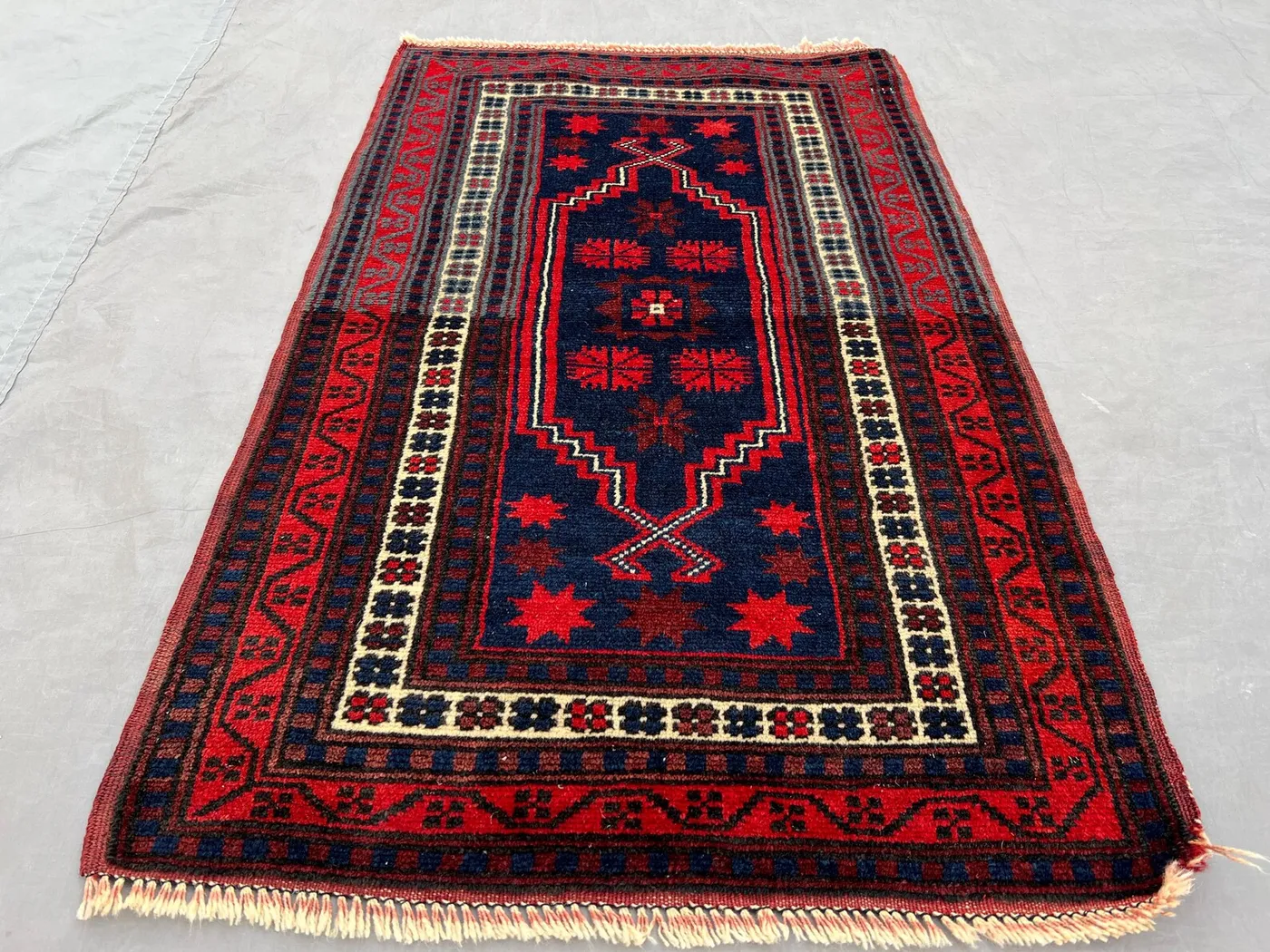Vintage Turkish Accent Rug 2x3, Hand Knotted Navy Red Wool Rug, Small Geometric Tribal Mat, Boho Entryway Kitchen Kids Room Rug Handmade