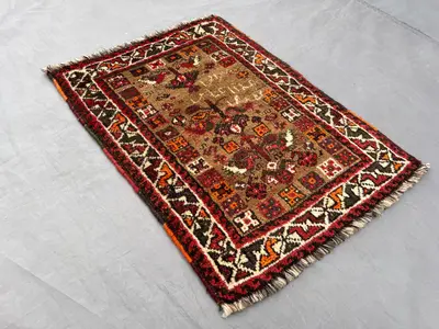 2x3 ft Vintage Afghan Hand-Knotted Baluchi Rug, Brown Red Tribal Pattern Small Area Carpet, One-of-a-Kind Wool