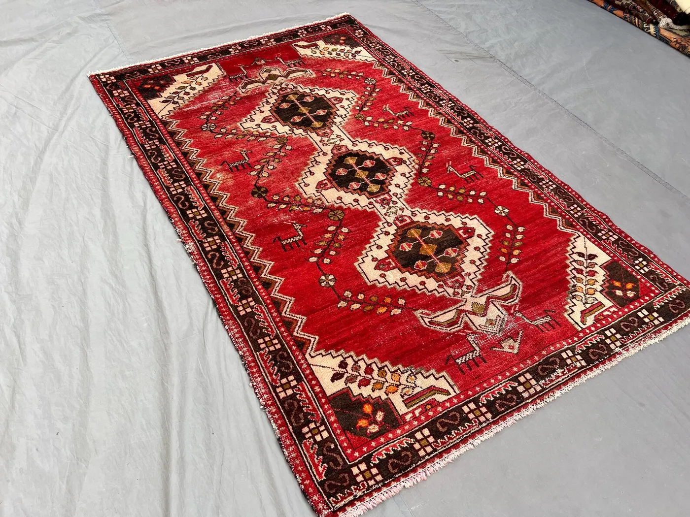 Vintage Turkish Caucasian Rug 4x6, Hand Knotted Red Wool Area Rug, Geometric Medallion Tribal Carpet, Boho Bedroom Living Room Rug
