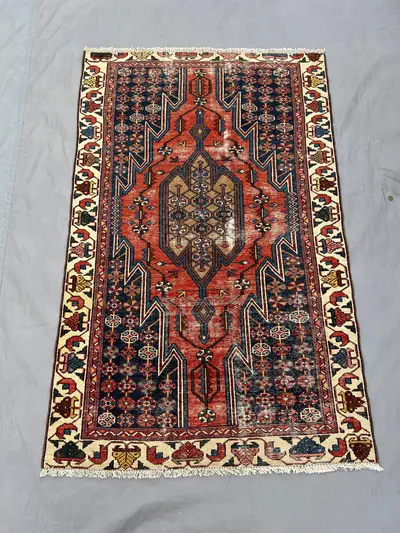 3 x 5 Afghan Hand-Knotted Vintage Rug Low Pile Balochi Design One-of-a-Kind Small Area Rug Tribal Wool rug Red