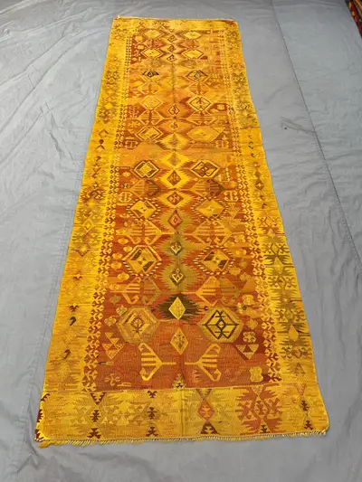 4 x 11 Turkish Hand-Woven Vintage Kilim Golden Faded Anatolian Design Rare Flat-Weave One-of-a-Kind Large Area