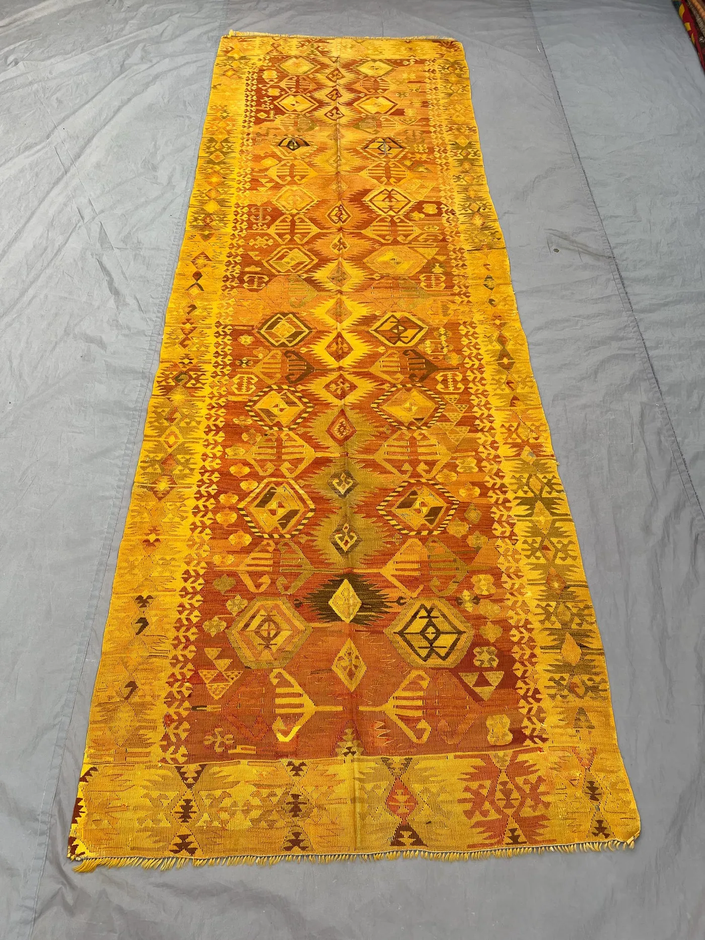4 x 11 Turkish Hand-Woven Vintage Kilim Golden Faded Anatolian Design Rare Flat-Weave One-of-a-Kind Large Area Rug | Living room decor rug