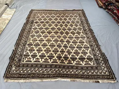 6'7 x 8'8 ft Afghan Hand-Knotted Vintage Rug, Soft Pile, Turkoman Ersari Design, Distressed One-of-a-Kind Larg