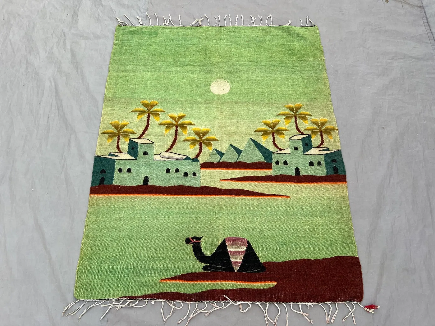 Vintage Afghan pictorial kilim 3 x 4 ft handwoven flat weave with desert scene unique Middle Eastern landscape maimana design