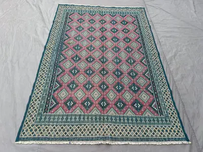 Afghan 5 x 8 ft Hand Woven Vintage Kilim One-of-a-Kind Large Area Sumak Weave Tribal Geometric Blue Red Rug