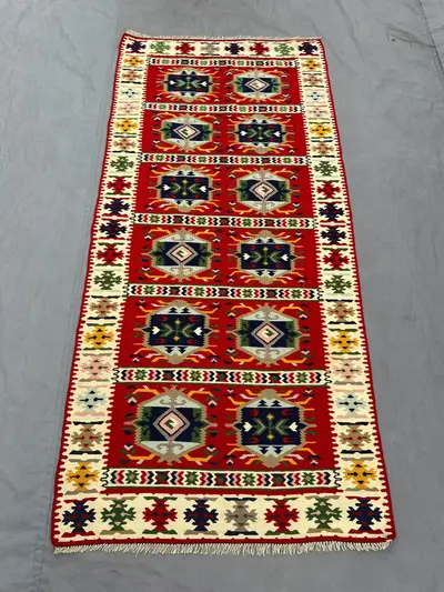 Afghan vintage handwoven kilim 3.0 x 6.6 ft, one-of-a-kind flat weave maimana design, bold tribal geometric pa
