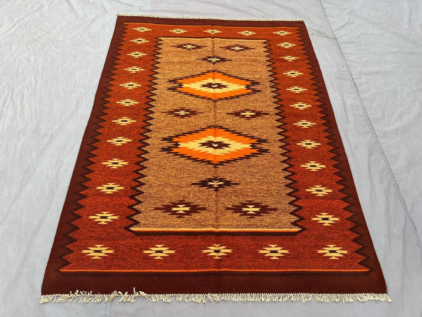 3.2 x 6.8 ft Afghan hand woven vintage kilim one-of-a-kind small flat weave area rug tribal geometric sumak design orange brown tones