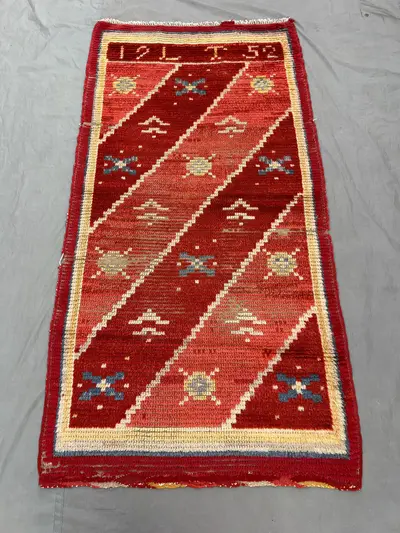 Afghan 3 x 6 ft hand knotted vintage low pile distressed rug, one-of-a-kind small area Baluchi tribal geometri