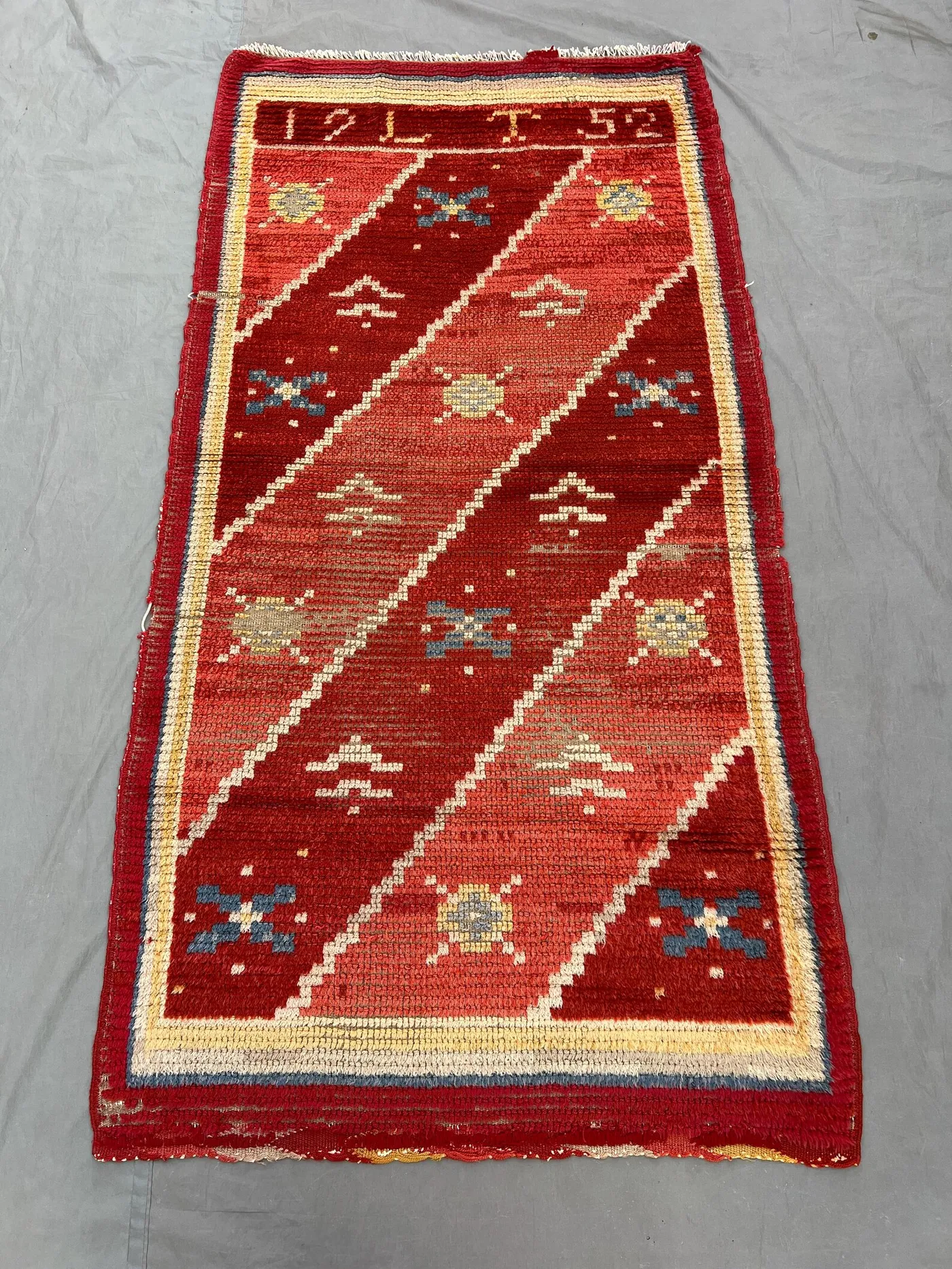 Afghan 3 x 6 ft hand knotted vintage low pile distressed rug, one-of-a-kind small area Baluchi tribal geometric moss decor