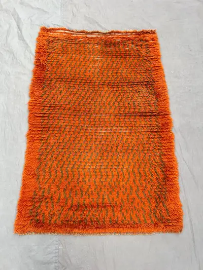 Afghan vintage 3 x 5 ft hand knotted full-pile orange Baluchi rug, unique tribal moss-pattern faded wool decor