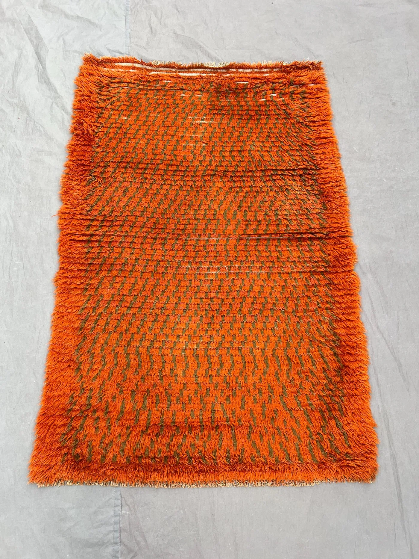 Afghan vintage 3 x 5 ft hand knotted full-pile orange Baluchi rug, unique tribal moss-pattern faded wool decor carpet