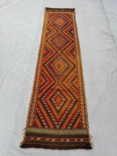 2.4 x 9 ft Afghan hand woven vintage flat weave kilim runner rug one of a kind geometric tribal hallway rug mi