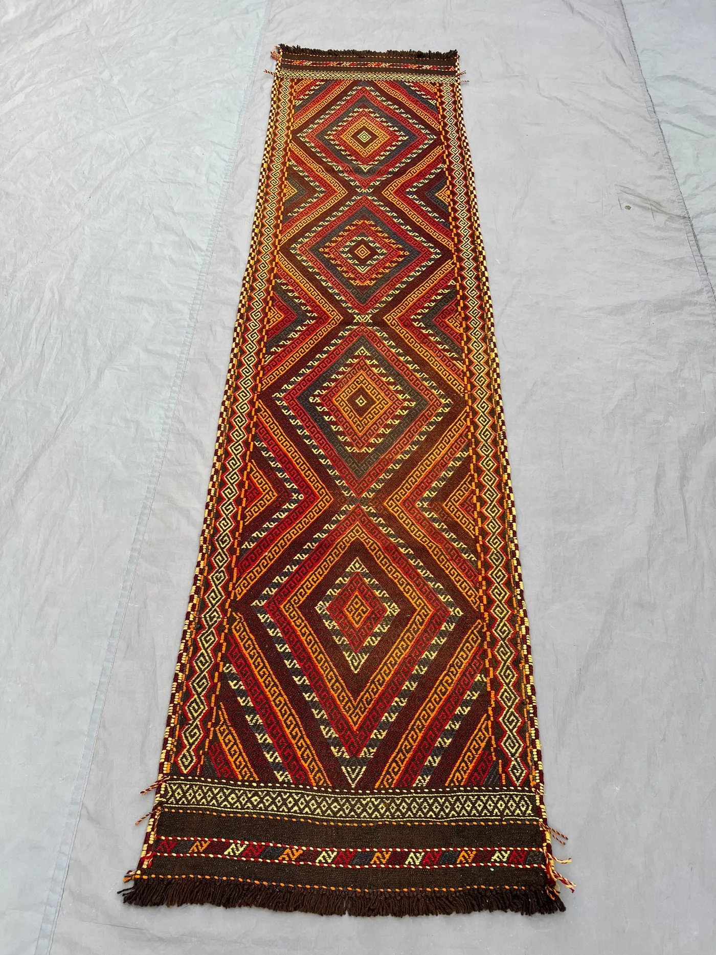 2.4 x 9 ft Afghan hand woven vintage flat weave kilim runner rug one of a kind geometric tribal hallway rug mishwani design