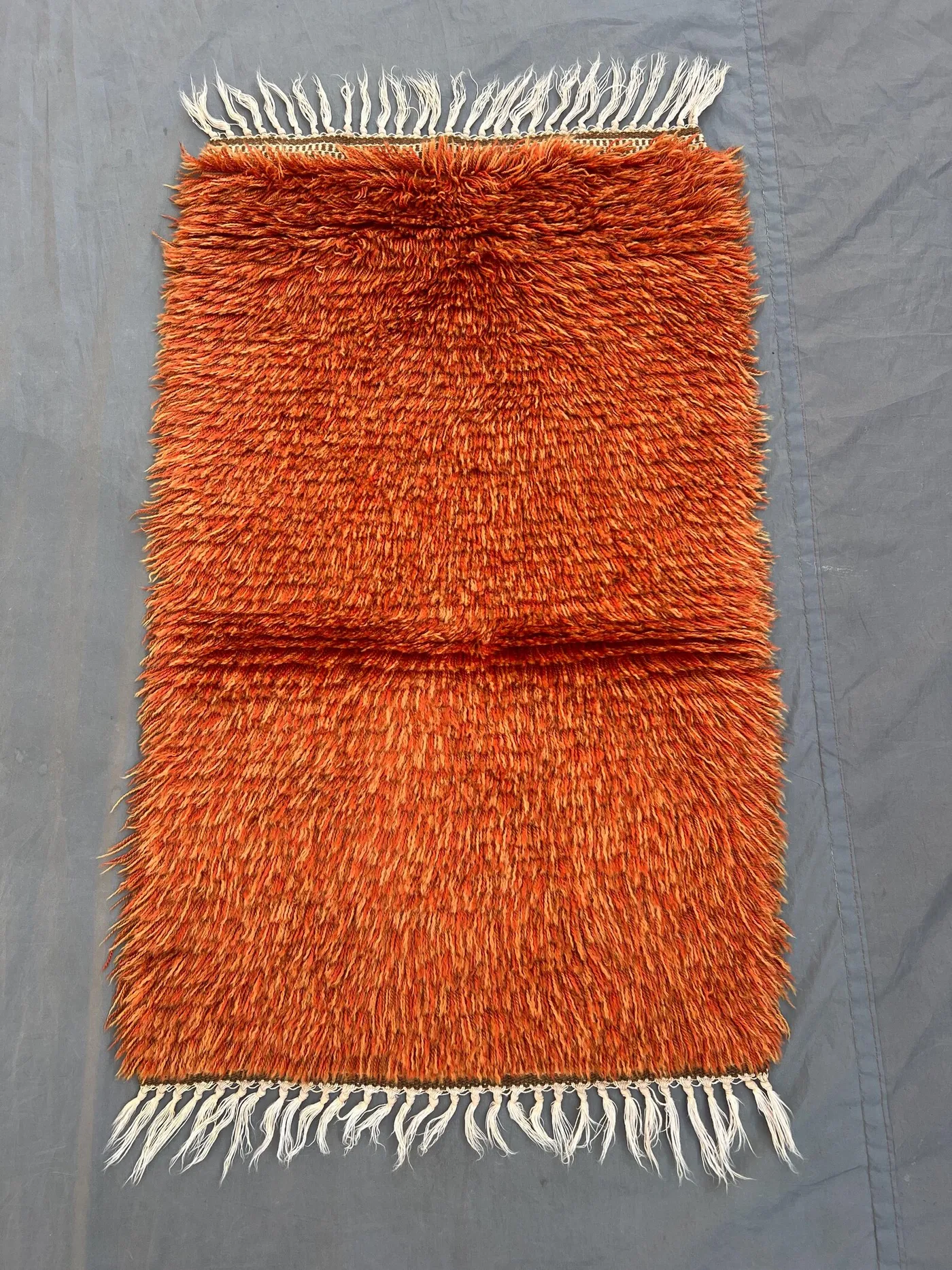Vintage Afghan Hand Knotted Moss Rug 1.10x3.1 ft Full Pile Shag Texture Small Accent Bathroom Entryway Decor Orange Balochi Tribal Carpet