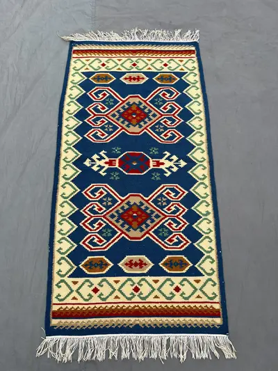 Afghan 2 x 5 ft hand woven vintage flat weave kilim one-of-a-kind small tribal area decor carpet, traditional 