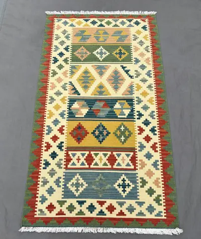 Afghan 3 x 5 ft handwoven modern kilim vibrant multicolor geometric small area rug one-of-a-kind handmade maim