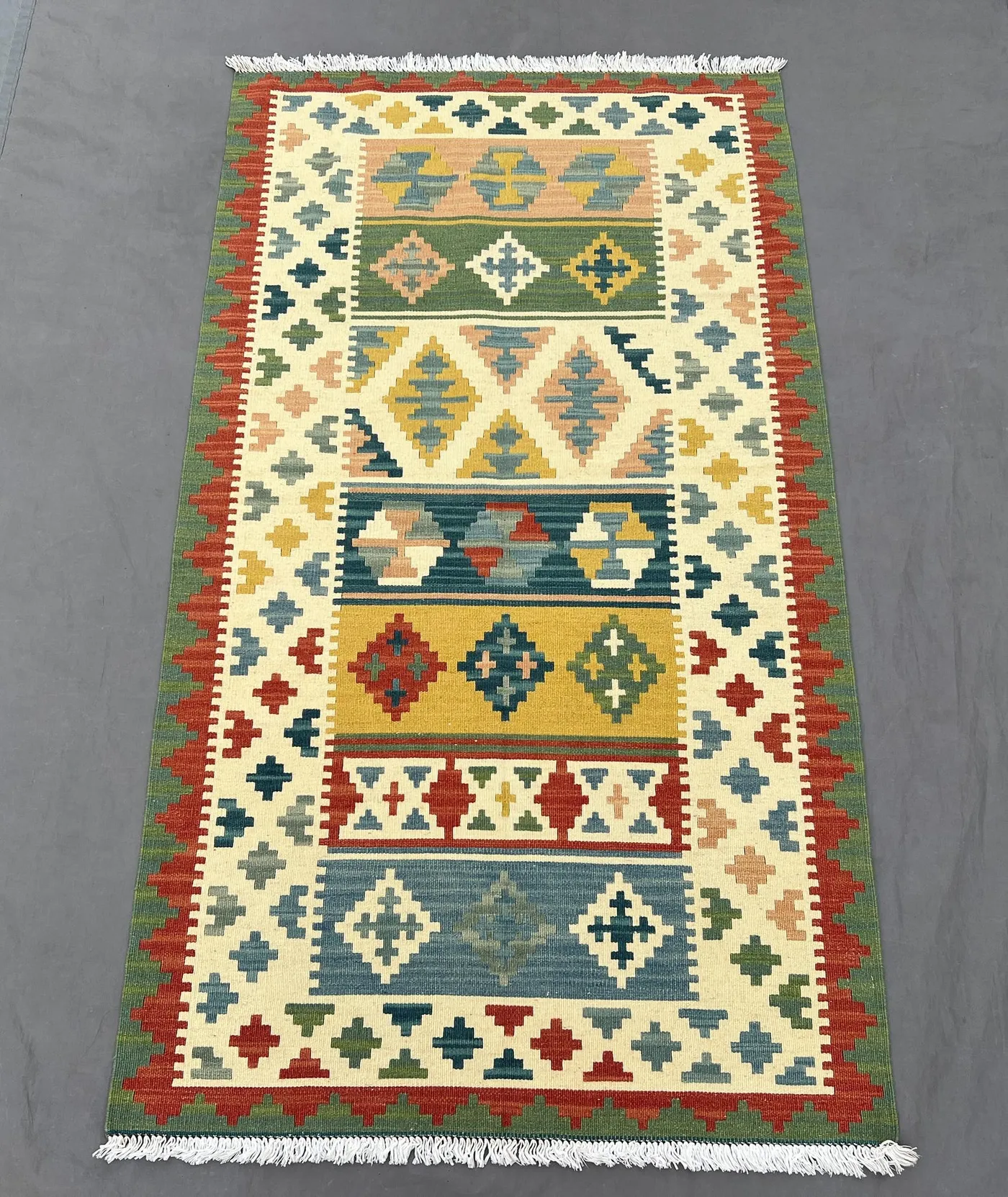 Afghan 3 x 5 ft handwoven modern kilim vibrant multicolor geometric small area rug one-of-a-kind handmade maimana design