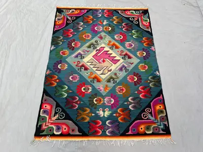 Afghan hand woven vintage 3.10 x 5.1 ft flat weave kilim one of a kind small area decor with colorful pictoria
