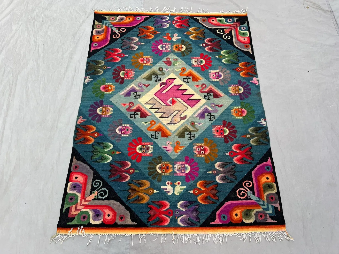 Afghan hand woven vintage 3.10 x 5.1 ft flat weave kilim one of a kind small area decor with colorful pictorial animal pattern design