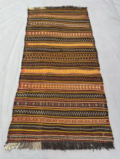Afghan vintage handwoven kilim 3.6x7.7 ft unique tribal flat weave maimana design geometric striped area decor