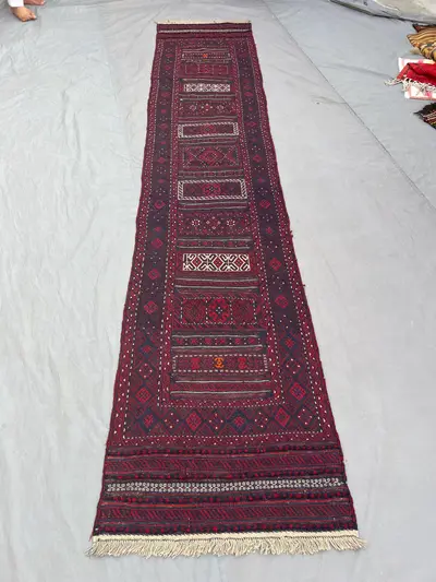 3 x 13 ft Afghan hand woven vintage flat weave kilim runner one-of-a-kind long hall decor with intricate Mishw