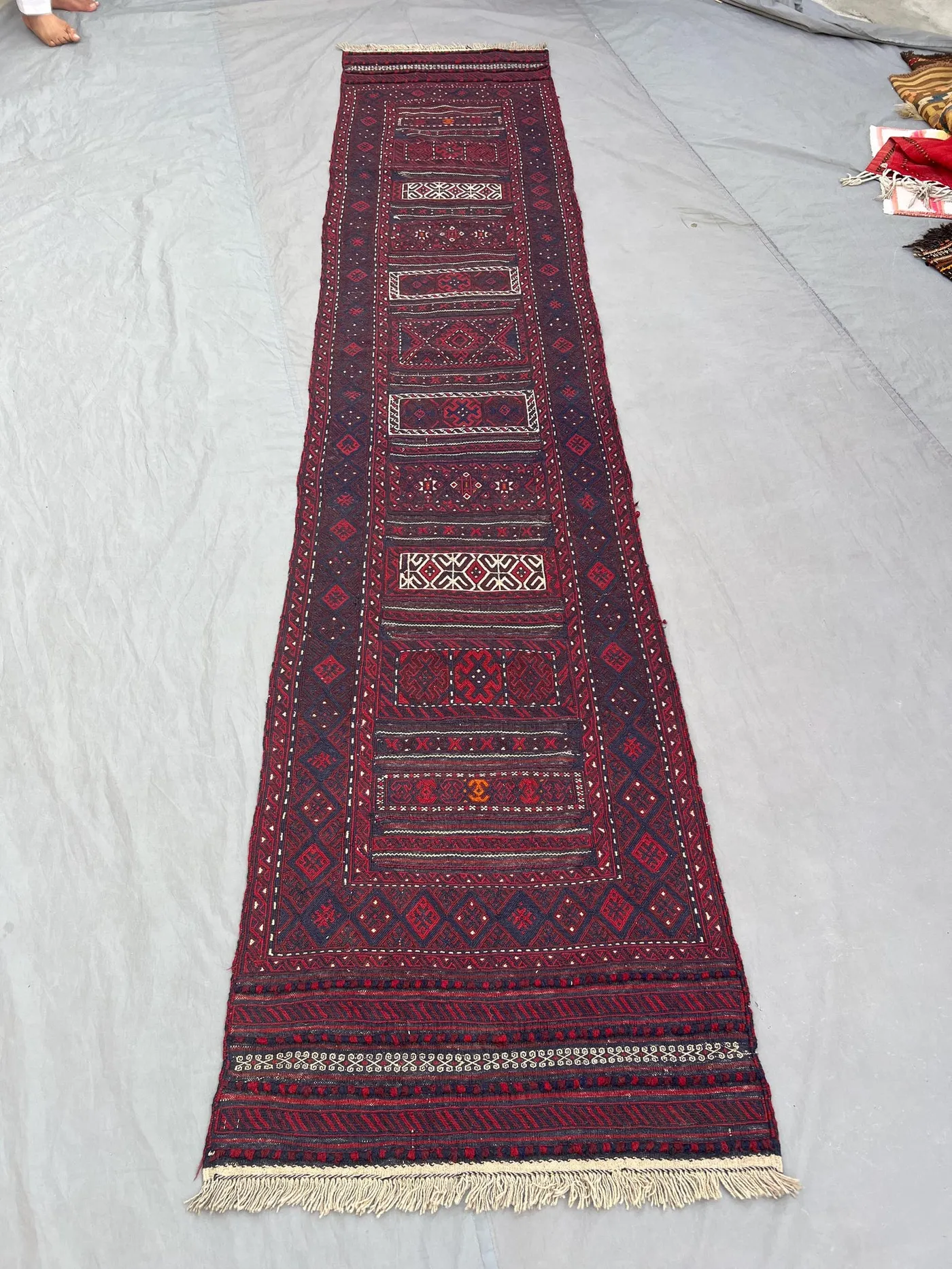 3 x 13 ft Afghan hand woven vintage flat weave kilim runner one-of-a-kind long hall decor with intricate Mishwani design