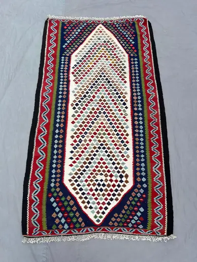 Afghan hand woven vintage kilim 3 x 5 ft one of a kind tribal flat weave small area decor geometric multicolor