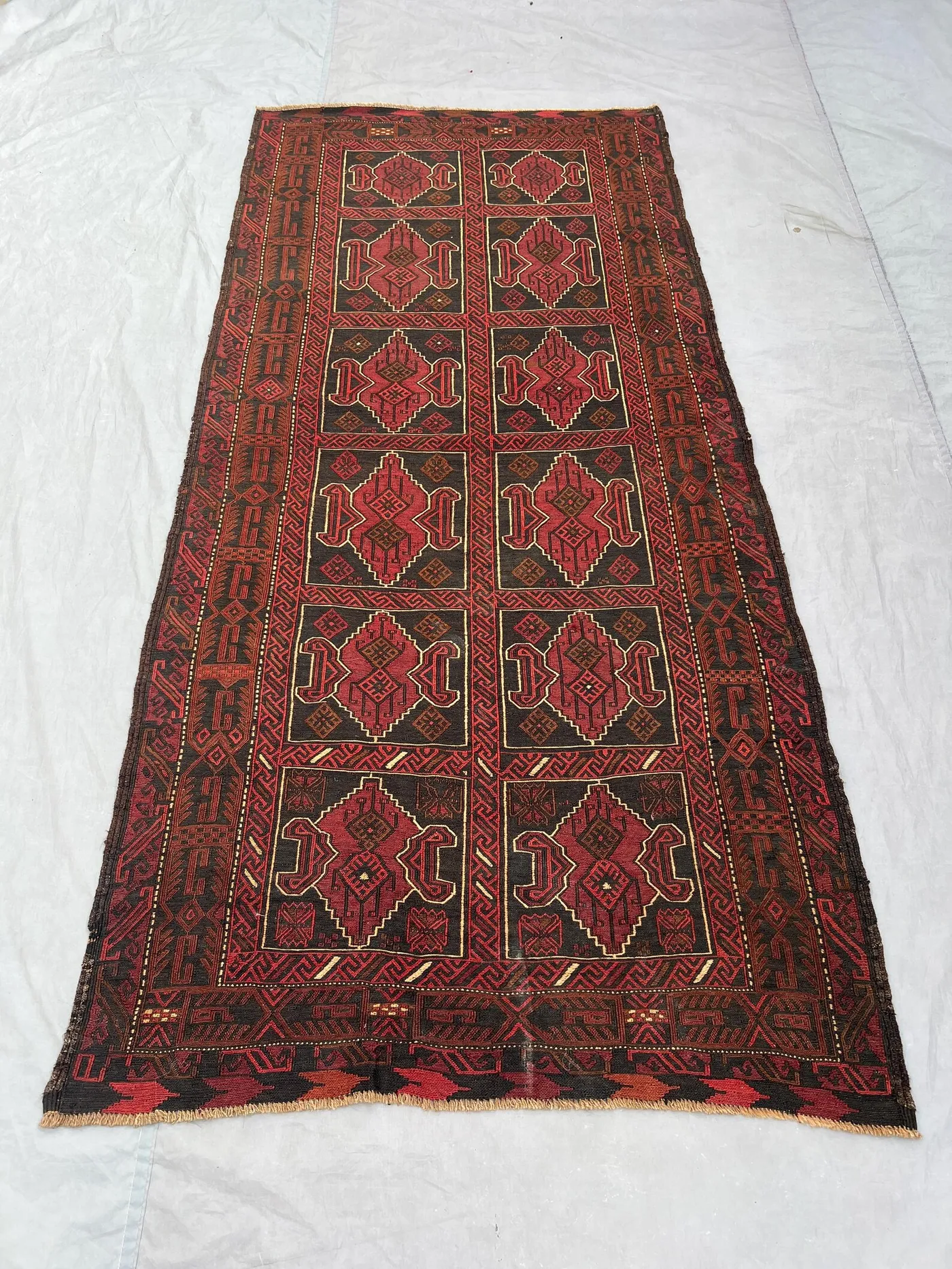 Afghan Vintage Flat Weave Kilim 4 x 9 ft Handwoven Runner One of a Kind Large Tribal Sumak Wide Hallway Decor