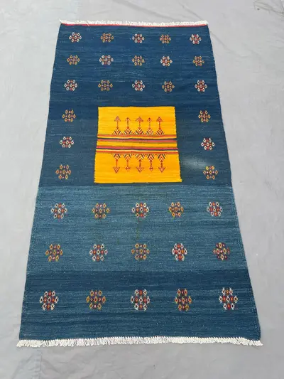 Afghan Vintage Faryab Kilim 3 x 6 ft Handwoven Wool Flat Weave One-of-a-Kind Tribal Area Rug in Blue and Yello