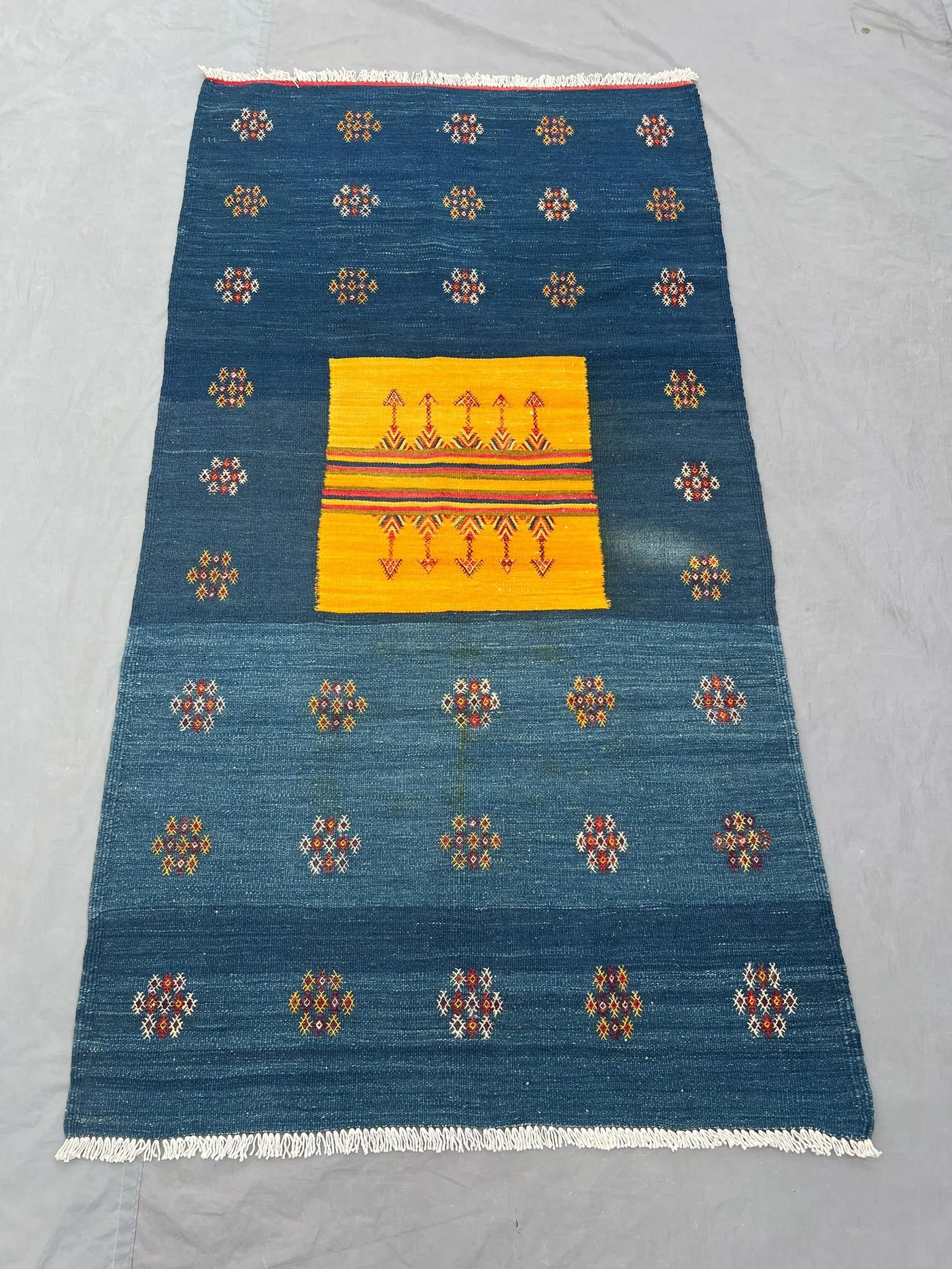 Afghan Vintage Faryab Kilim 3 x 6 ft Handwoven Wool Flat Weave One-of-a-Kind Tribal Area Rug in Blue and Yellow