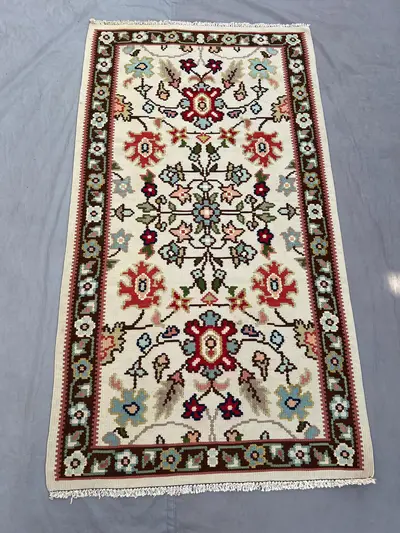 Afghan vintage flat weave kilim 3 x 6 ft handwoven one-of-a-kind floral Maimana design small area decor carpet