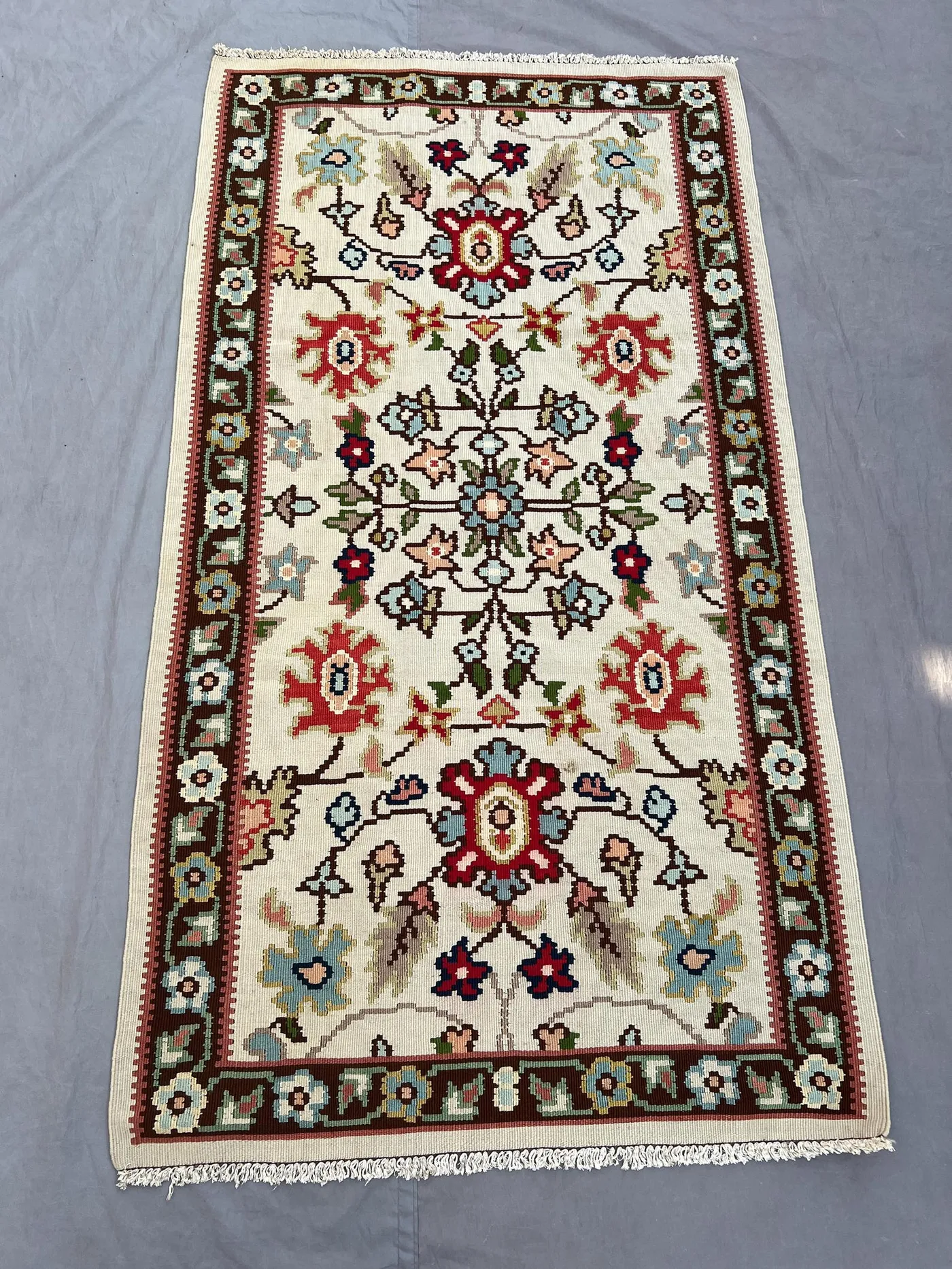 Afghan vintage flat weave kilim 3 x 6 ft handwoven one-of-a-kind floral Maimana design small area decor carpet
