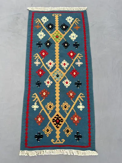 Afghan 1.9 x 3.4 ft hand woven vintage kilim one of a kind small area rug tribal geometric maimana design blue