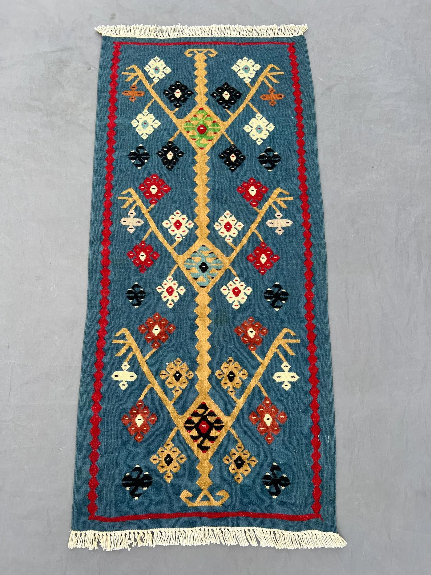 Afghan 1.9 x 3.4 ft hand woven vintage kilim one of a kind small area rug tribal geometric maimana design blue red cream accents